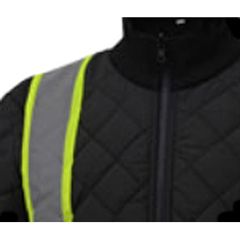 Two Tone Quilted Jackets - Class 3 in Black Collar Zipper Contrasting Trim Close Up View Image